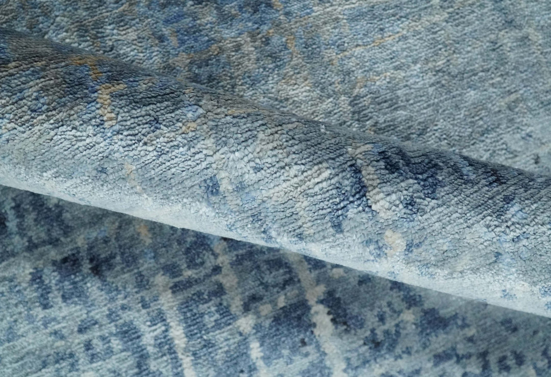 Modern abstract Blue, Aqua and Brown Hand Knotted 8x10 wool and Art silk Area Rug - The Rug Decor