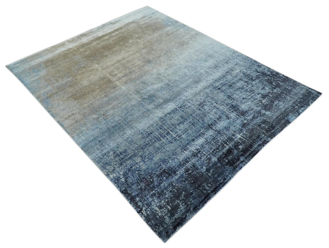 Modern abstract Blue, Aqua and Brown Hand Knotted 8x10 wool and Art silk Area Rug - The Rug Decor
