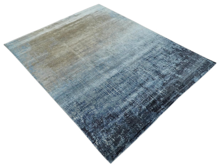 Modern abstract Blue, Aqua and Brown Hand Knotted 8x10 wool and Art silk Area Rug - The Rug Decor
