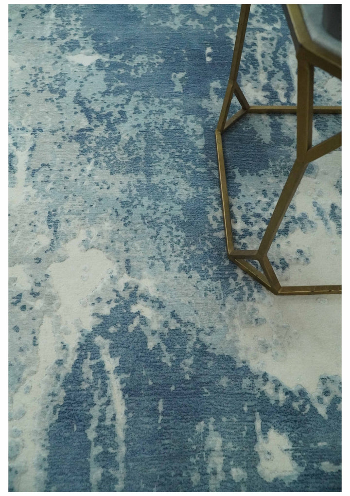 Modern Abstract blue, Ivory and Silver 4x6 Hand Knotted wool Area Rug - The Rug Decor