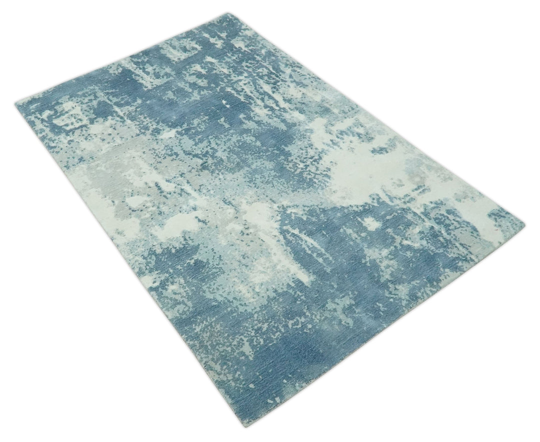 Modern Abstract blue, Ivory and Silver 4x6 Hand Knotted wool Area Rug - The Rug Decor