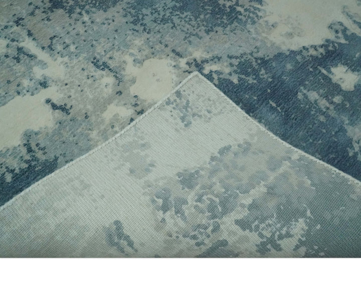 Modern Abstract blue, Ivory and Silver 4x6 Hand Knotted wool Area Rug - The Rug Decor