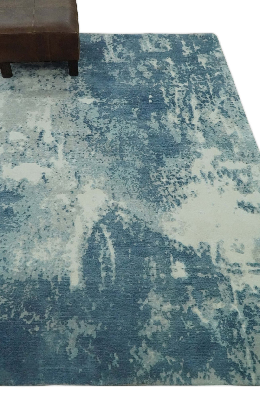 Modern Abstract blue, Ivory and Silver 4x6 Hand Knotted wool Area Rug - The Rug Decor