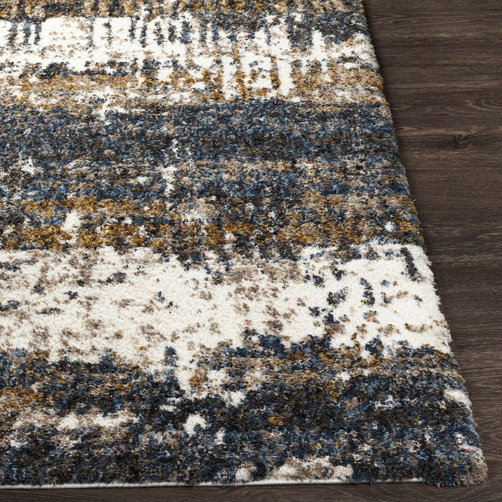 Modern Abstract Blue, Ivory, Gold and Brown Moroccan Style Plush Pile Area Rug - The Rug Decor