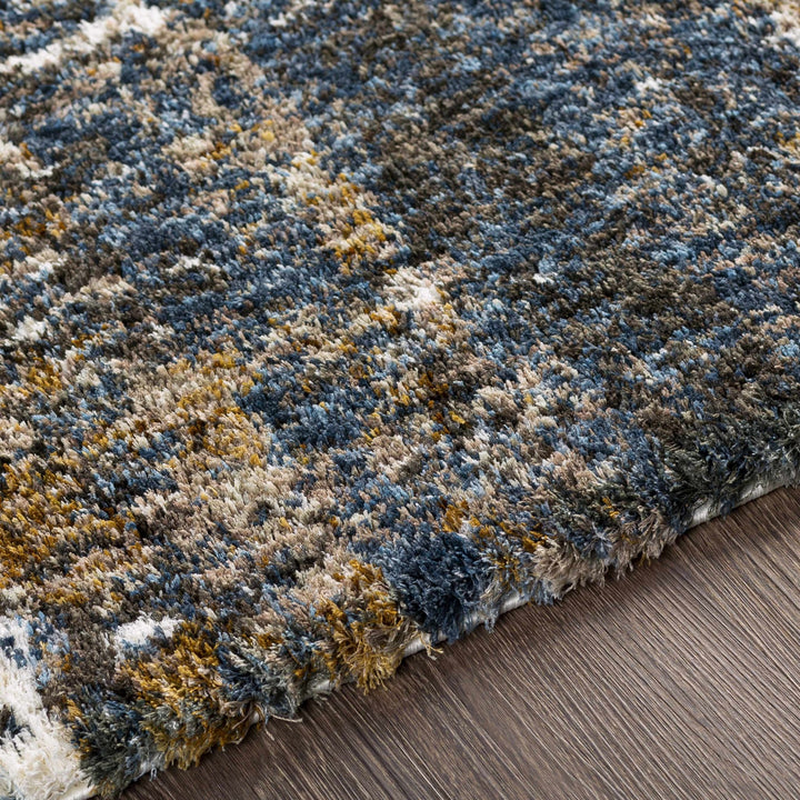 Modern Abstract Blue, Ivory, Gold and Brown Moroccan Style Plush Pile Area Rug - The Rug Decor