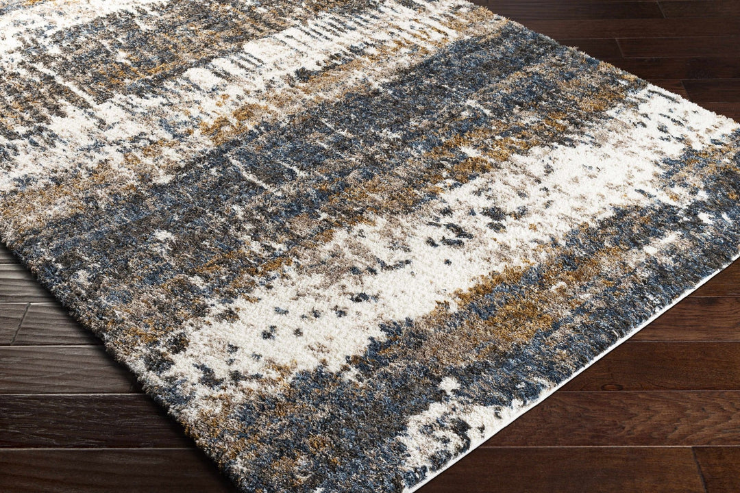 Modern Abstract Blue, Ivory, Gold and Brown Moroccan Style Plush Pile Area Rug - The Rug Decor