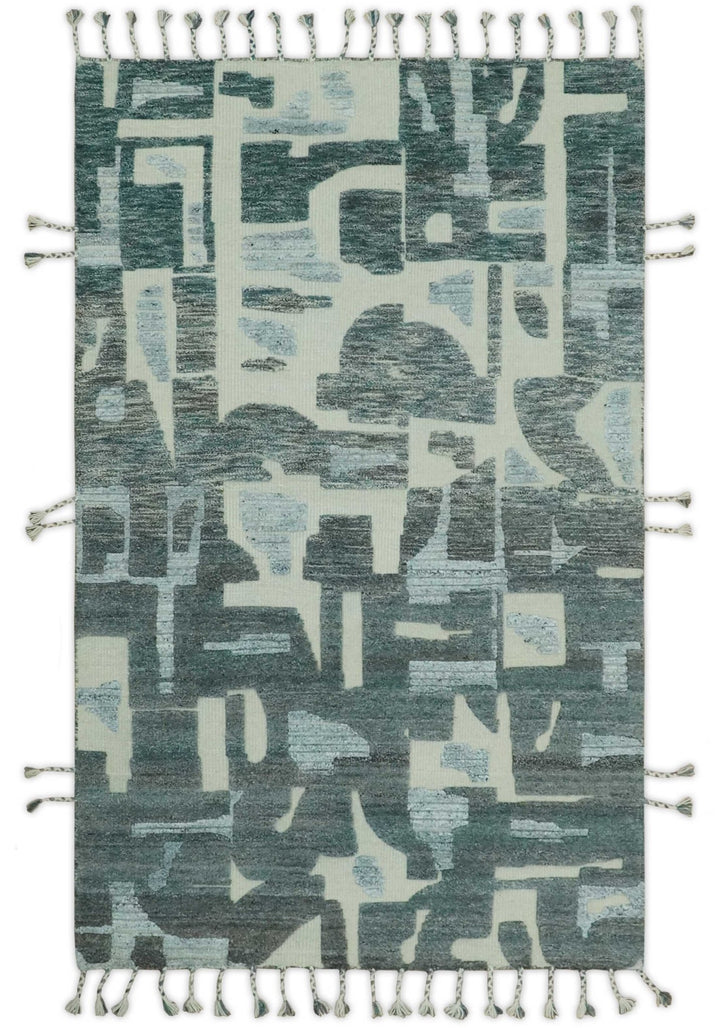 Modern abstract Carved Texture Green, Ivory and Silver 5x8 Hand Knotted Wool Area Rug - The Rug Decor