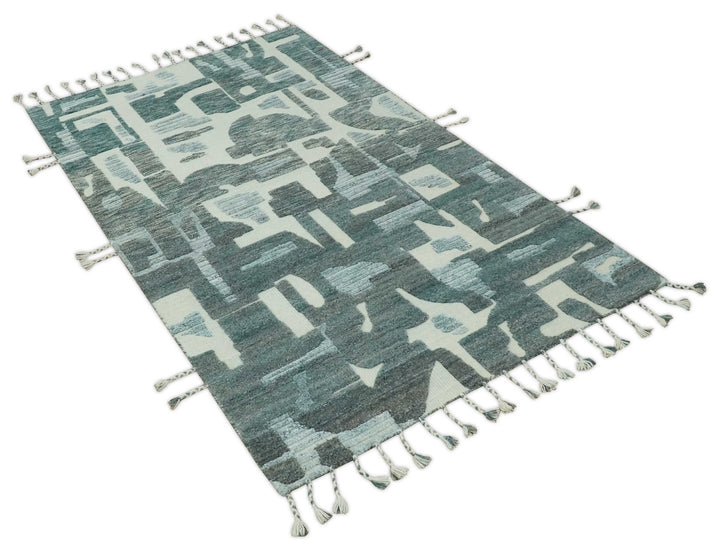 Modern abstract Carved Texture Green, Ivory and Silver 5x8 Hand Knotted Wool Area Rug - The Rug Decor