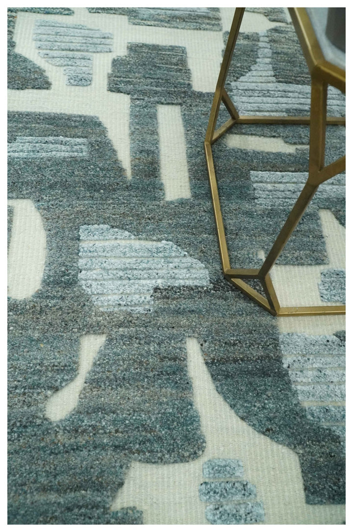 Modern abstract Carved Texture Green, Ivory and Silver 5x8 Hand Knotted Wool Area Rug - The Rug Decor