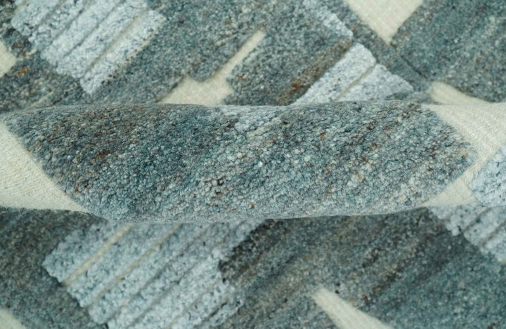 Modern abstract Carved Texture Green, Ivory and Silver 5x8 Hand Knotted Wool Area Rug - The Rug Decor