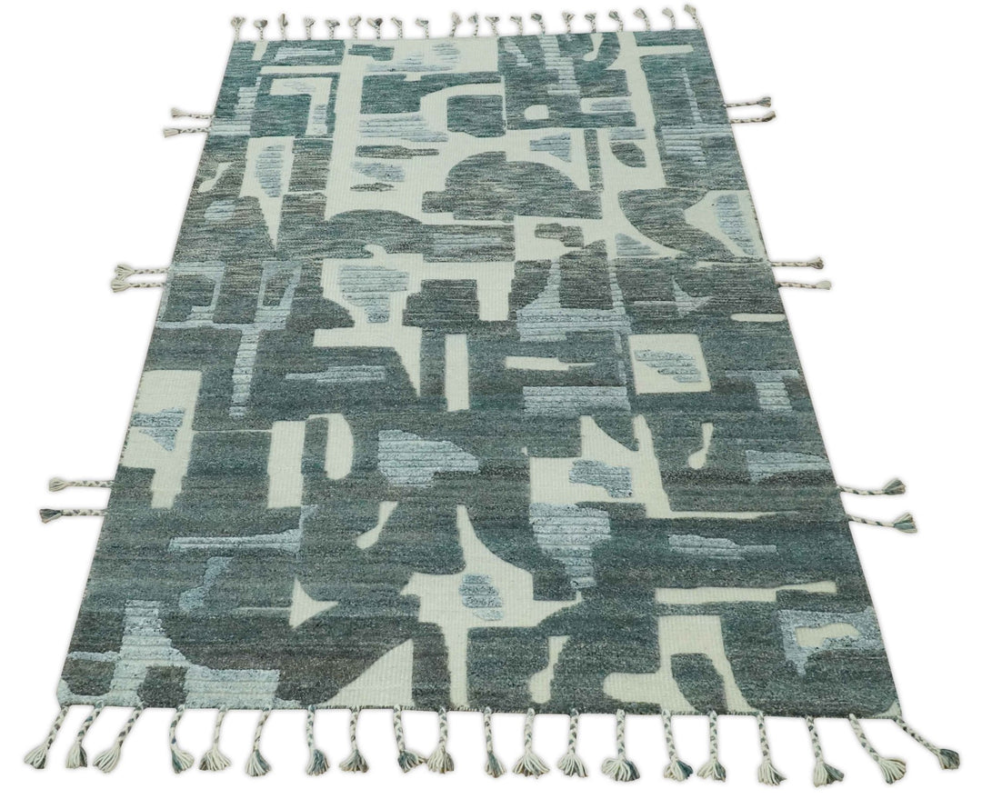 Modern abstract Carved Texture Green, Ivory and Silver 5x8 Hand Knotted Wool Area Rug - The Rug Decor