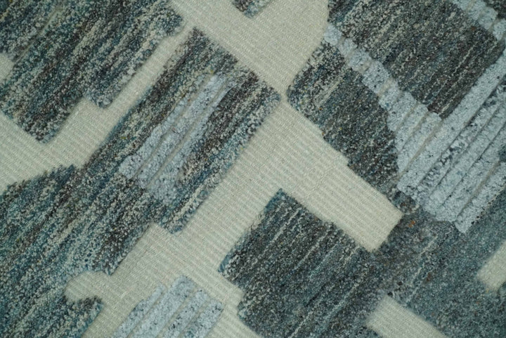 Modern abstract Carved Texture Green, Ivory and Silver 5x8 Hand Knotted Wool Area Rug - The Rug Decor