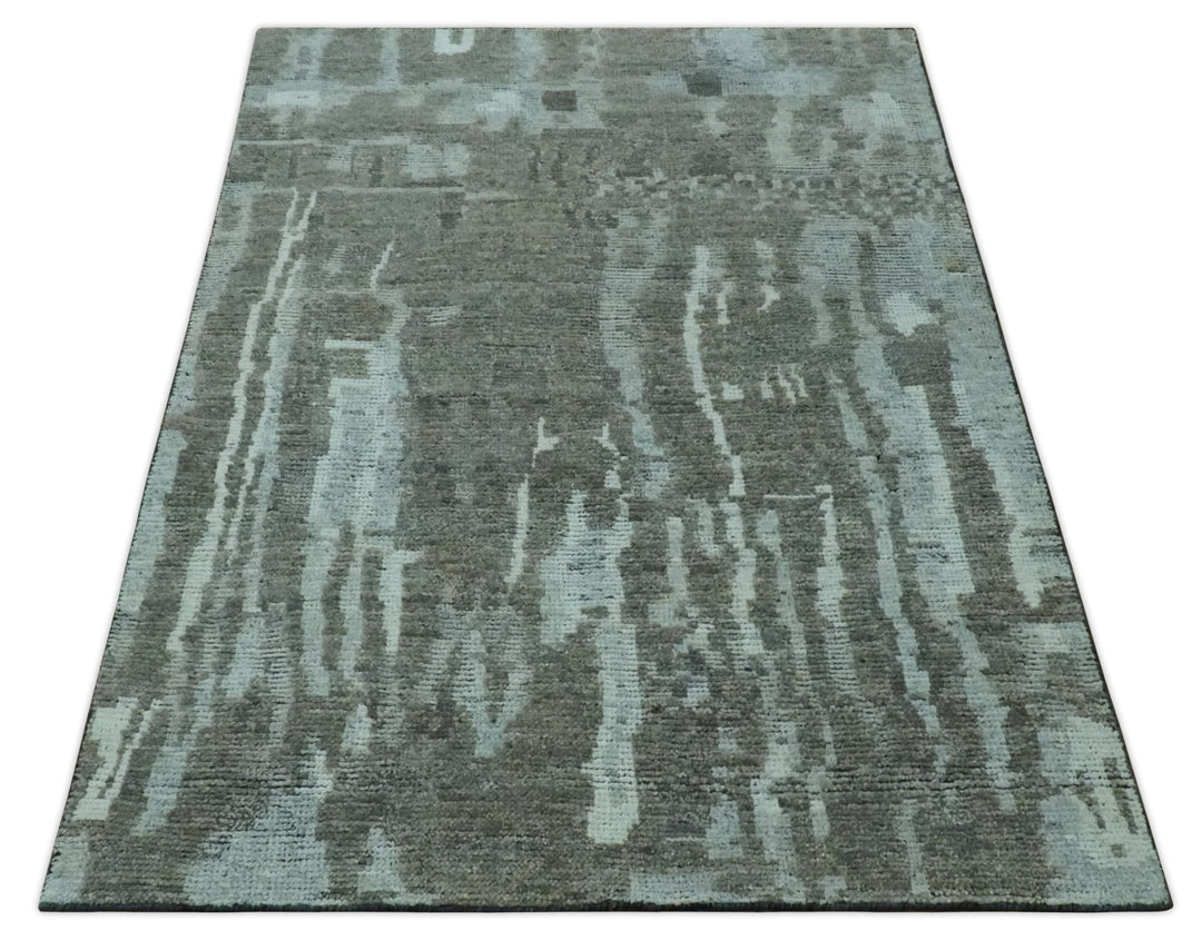 Modern abstract Charcoal and Light Blue Hand knotted 5x8 wool Area Rug - The Rug Decor