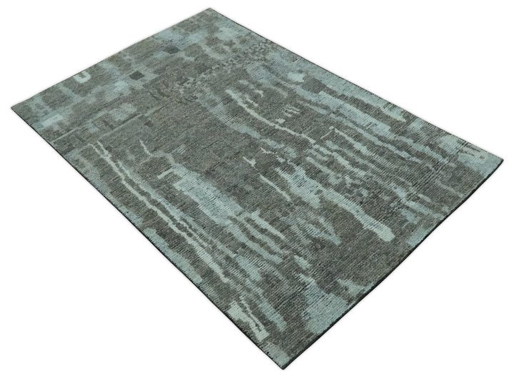 Modern abstract Charcoal and Light Blue Hand knotted 5x8 wool Area Rug - The Rug Decor