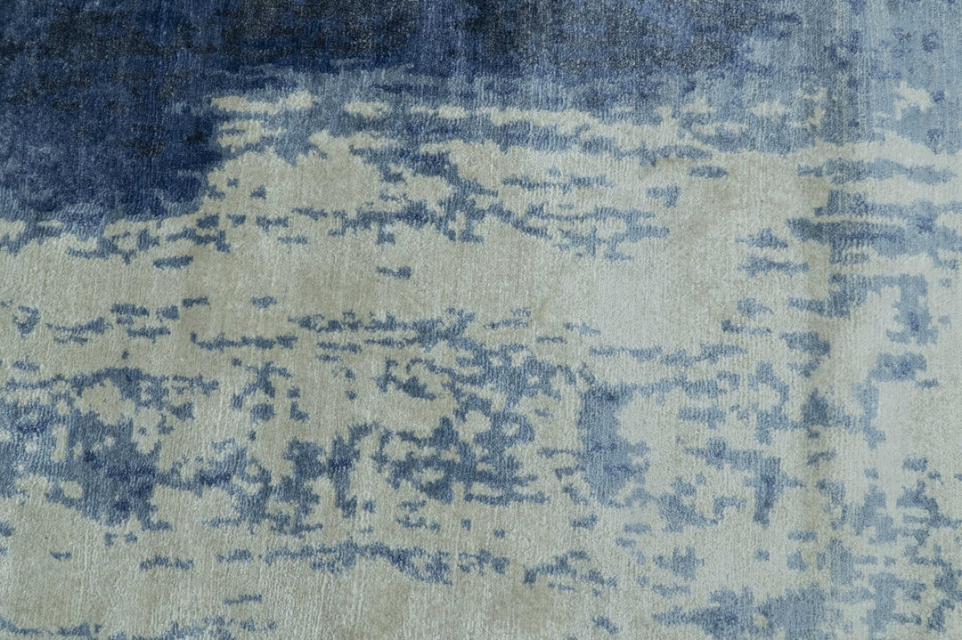 Modern Abstract Design Beige And Blue 9x12 Hand Knotted Bamboo Silk Area Rug - The Rug Decor