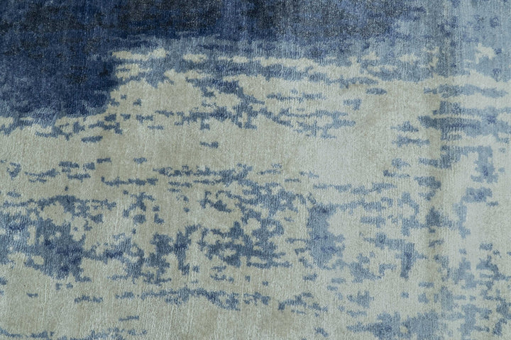 Modern Abstract Design Beige And Blue 9x12 Hand Knotted Bamboo Silk Area Rug - The Rug Decor