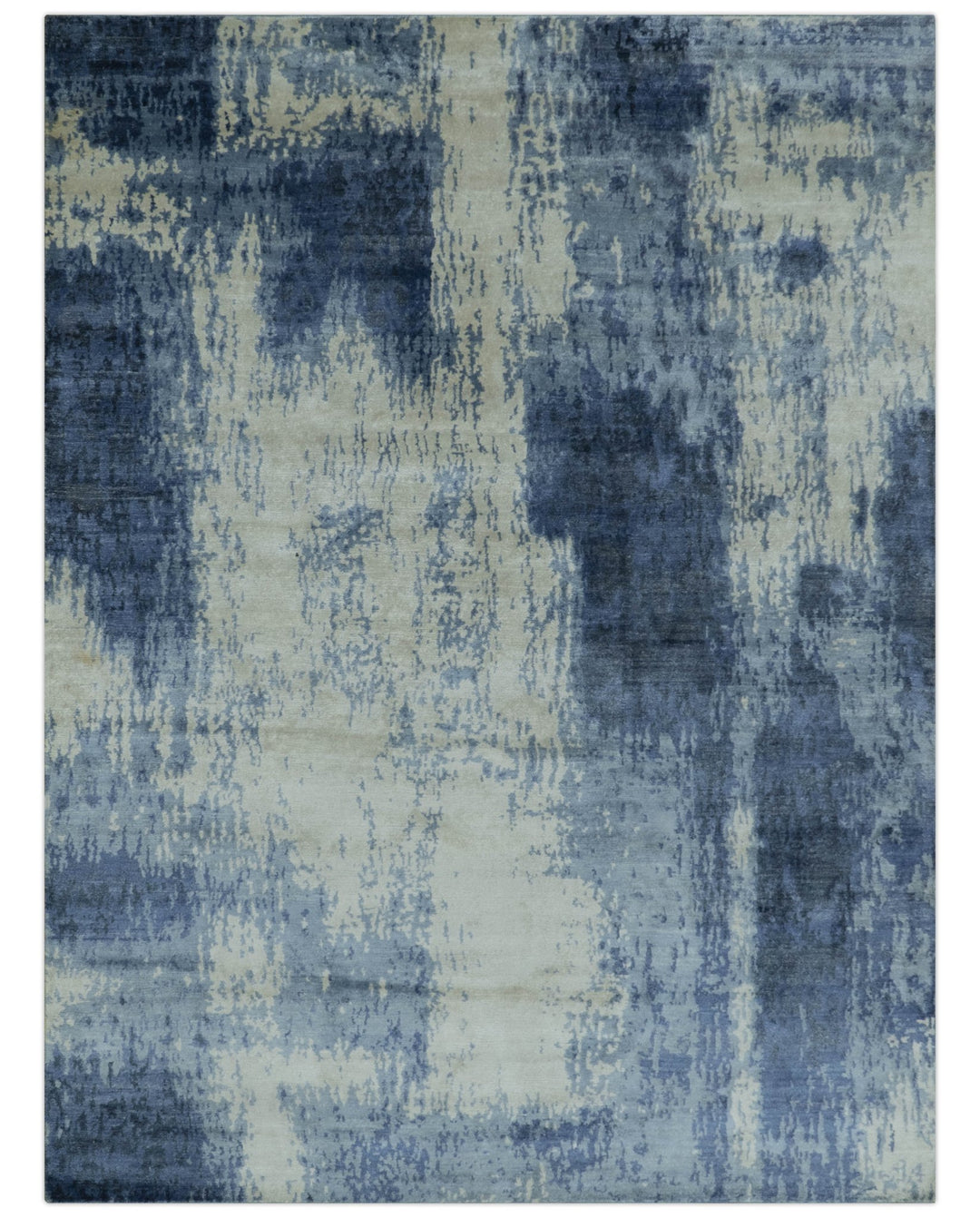 Modern Abstract Design Beige And Blue 9x12 Hand Knotted Bamboo Silk Area Rug - The Rug Decor