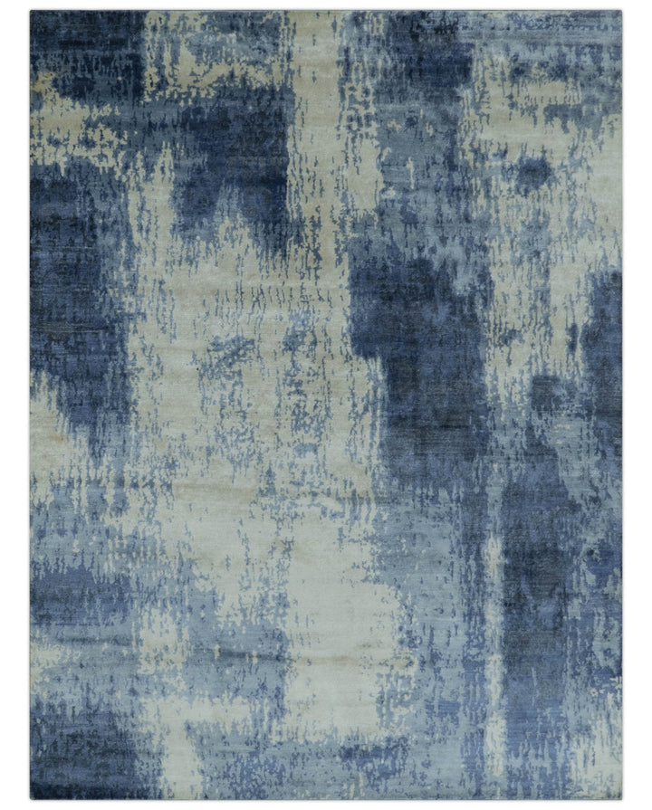 Modern Abstract Design Beige And Blue 9x12 Hand Knotted Bamboo Silk Area Rug - The Rug Decor
