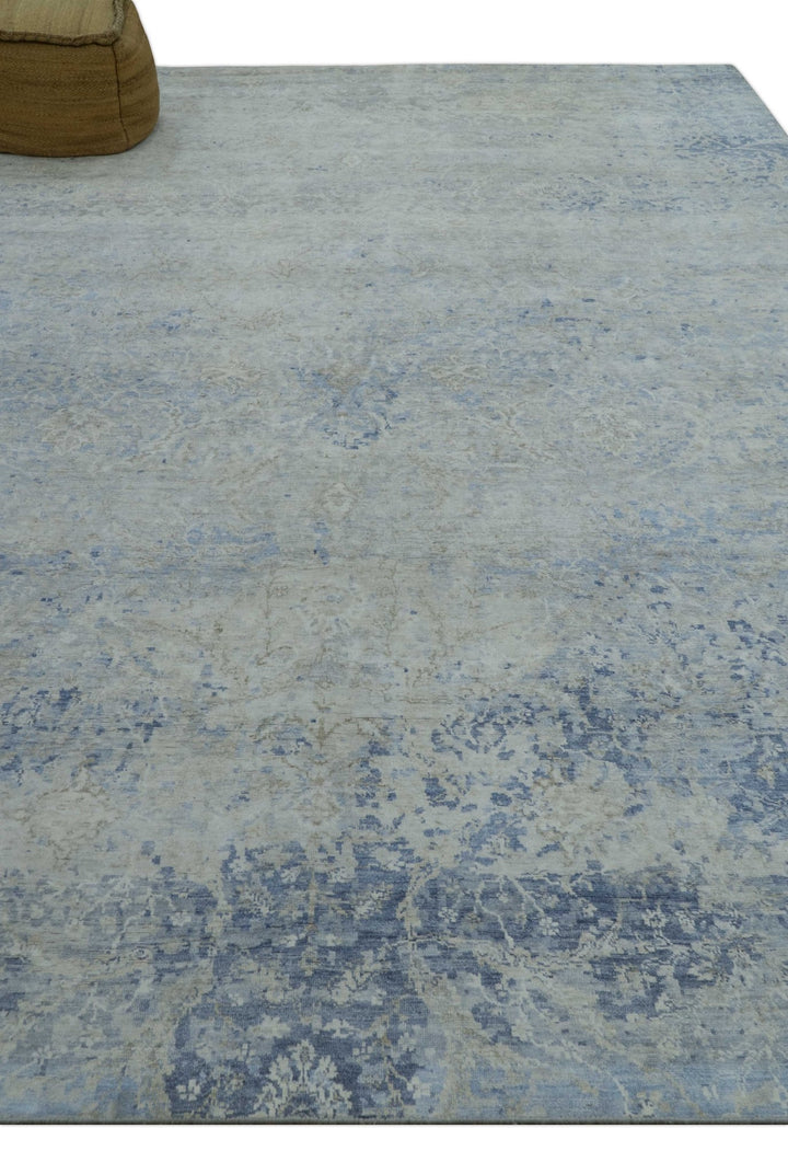Modern Abstract Design Gray And Blue 10x13 Hand Knotted Bamboo Silk Area Rug - The Rug Decor