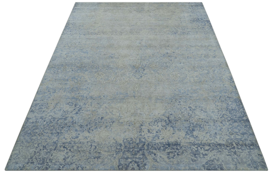 Modern Abstract Design Gray And Blue 10x13 Hand Knotted Bamboo Silk Area Rug - The Rug Decor