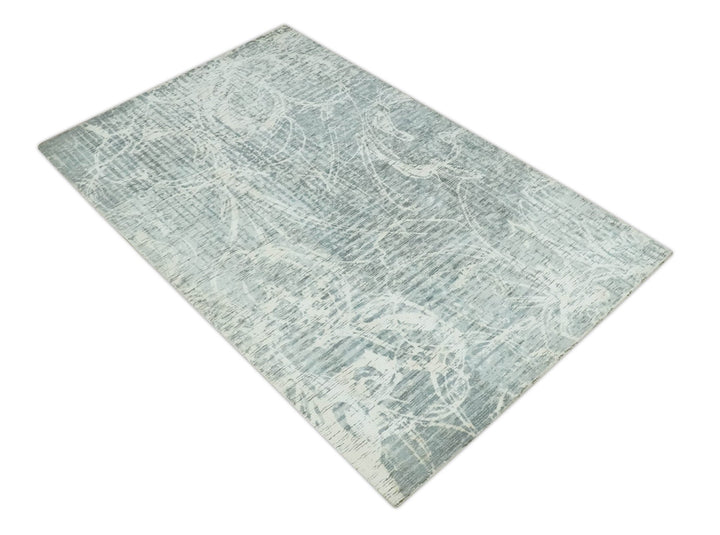 Modern Abstract Gray and Ivory 5x8 Hand loom wool and Viscose Area Rug - The Rug Decor