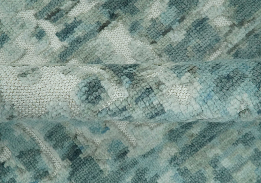 Modern Abstract Hand carved Texture Teal, Ivory and Blue Hand Knotted 5x8 wool Rug - The Rug Decor