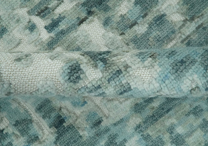 Modern Abstract Hand carved Texture Teal, Ivory and Blue Hand Knotted 5x8 wool Rug - The Rug Decor