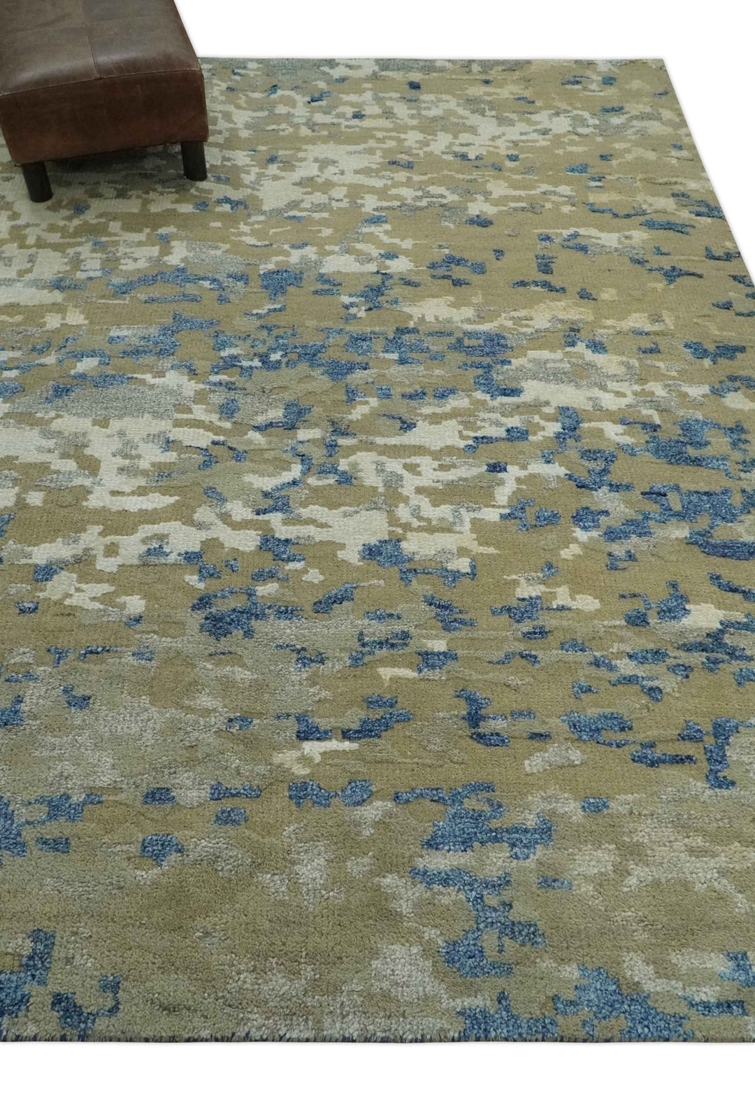 Modern abstract Olive, Ivory, Blue and Silver Hand Knotted 5.6x8 wool Area Rug - The Rug Decor