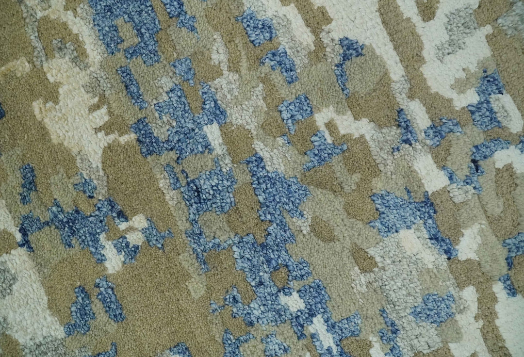 Modern abstract Olive, Ivory, Blue and Silver Hand Knotted 5.6x8 wool Area Rug - The Rug Decor