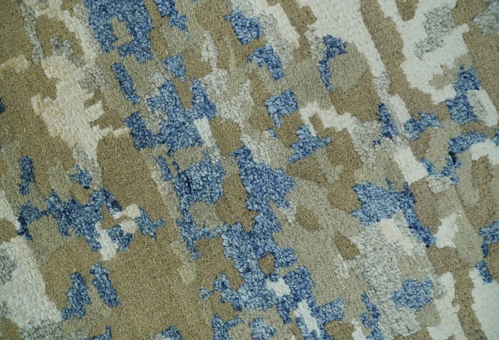 Modern abstract Olive, Ivory, Blue and Silver Hand Knotted 5.6x8 wool Area Rug - The Rug Decor