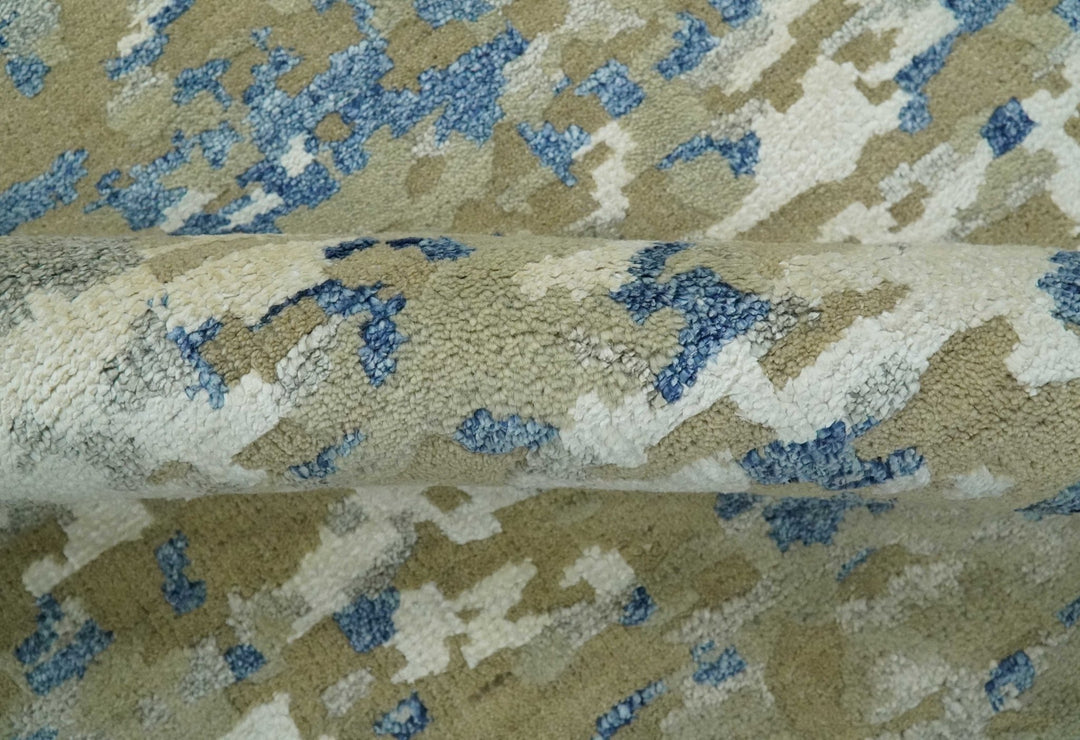 Modern abstract Olive, Ivory, Blue and Silver Hand Knotted 5.6x8 wool Area Rug - The Rug Decor