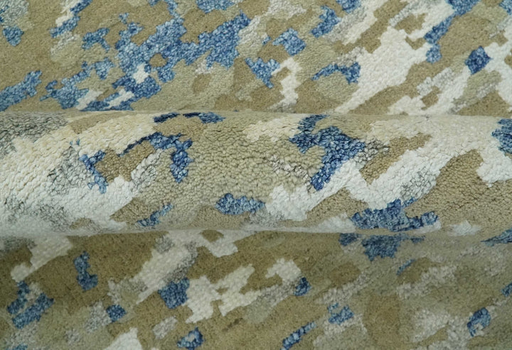 Modern abstract Olive, Ivory, Blue and Silver Hand Knotted 5.6x8 wool Area Rug - The Rug Decor