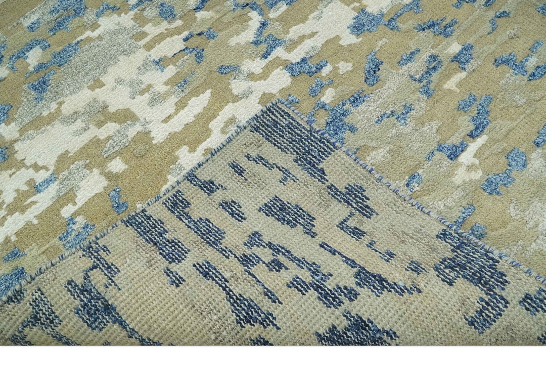 Modern abstract Olive, Ivory, Blue and Silver Hand Knotted 5.6x8 wool Area Rug - The Rug Decor