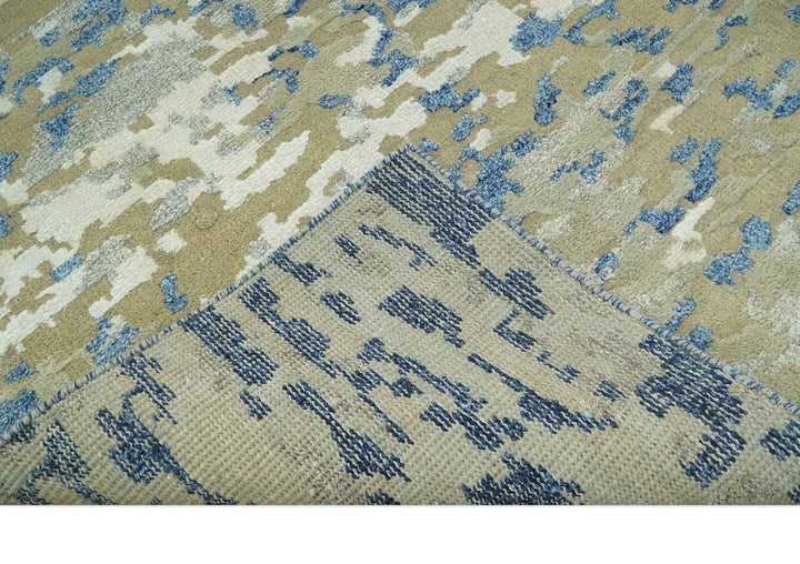 Modern abstract Olive, Ivory, Blue and Silver Hand Knotted 5.6x8 wool Area Rug - The Rug Decor