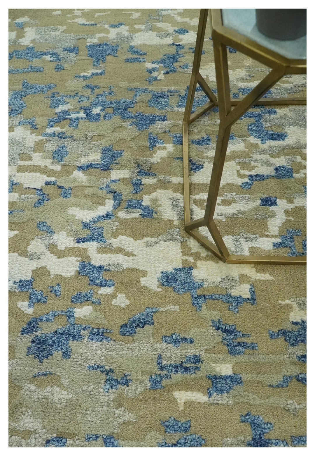 Modern abstract Olive, Ivory, Blue and Silver Hand Knotted 5.6x8 wool Area Rug - The Rug Decor