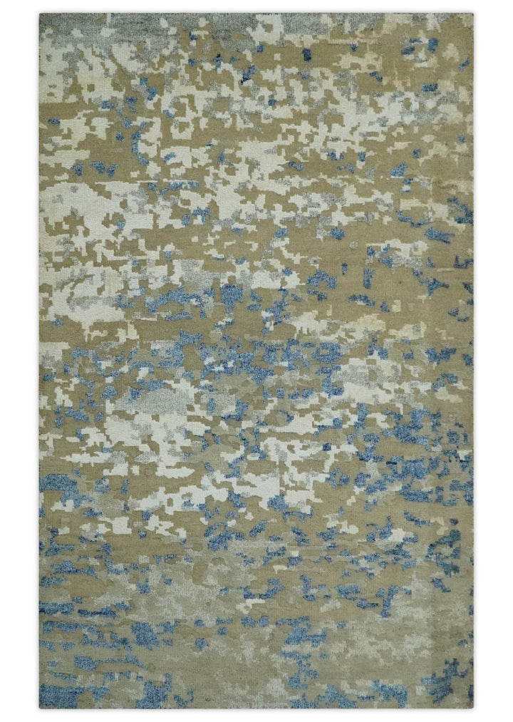 Modern abstract Olive, Ivory, Blue and Silver Hand Knotted 5.6x8 wool Area Rug - The Rug Decor