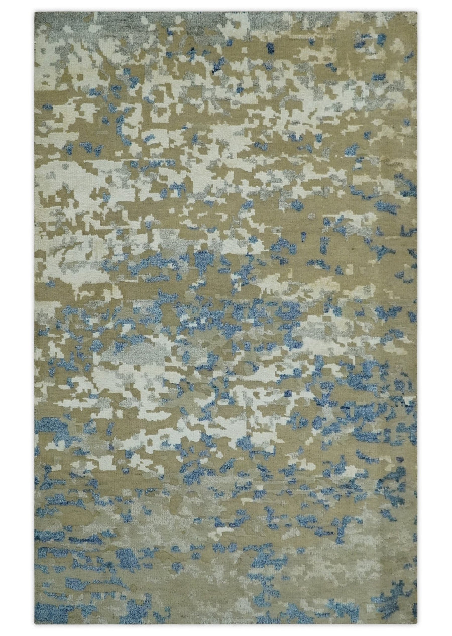 Modern abstract Olive, Ivory, Blue and Silver Hand Knotted 5.6x8 wool Area Rug - The Rug Decor