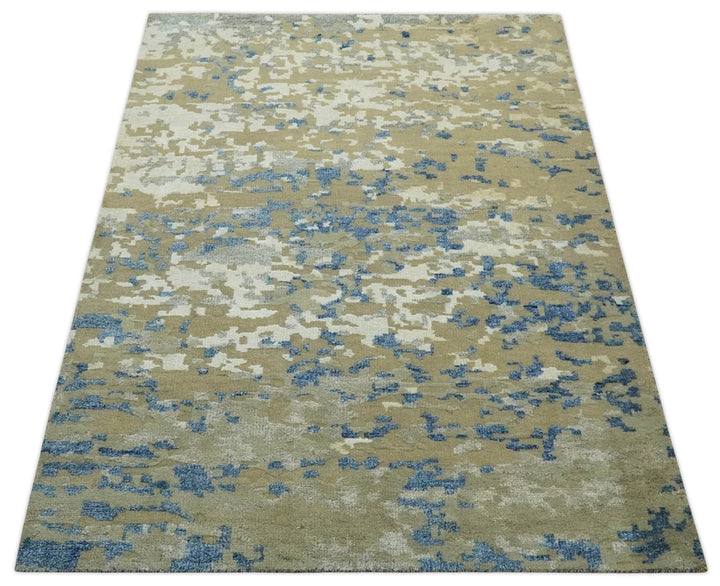 Modern abstract Olive, Ivory, Blue and Silver Hand Knotted 5.6x8 wool Area Rug - The Rug Decor
