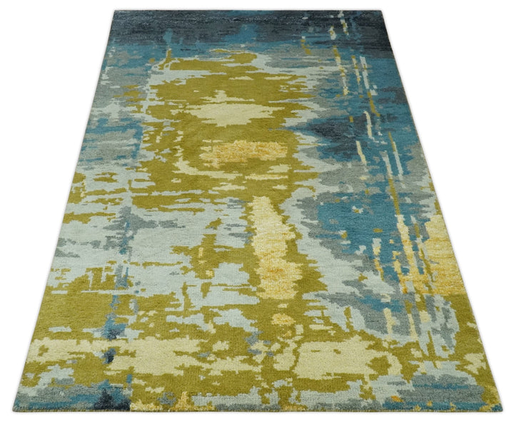 Modern Abstract Olive, Silver, Blue and Charcoal 5x8 Hand Knotted wool Area Rug - The Rug Decor