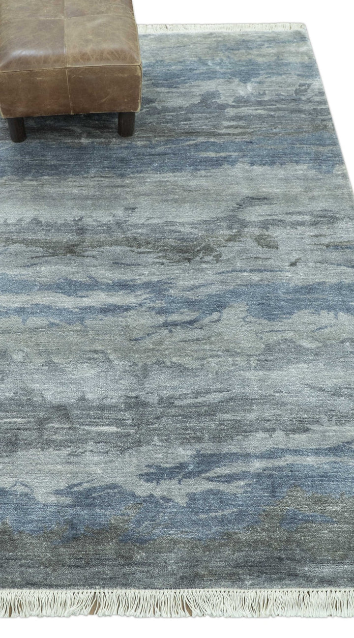 Modern Abstract Pattern Blue And Silver Hand Knotted 4x6 Bamboo Silk Area Rug - The Rug Decor