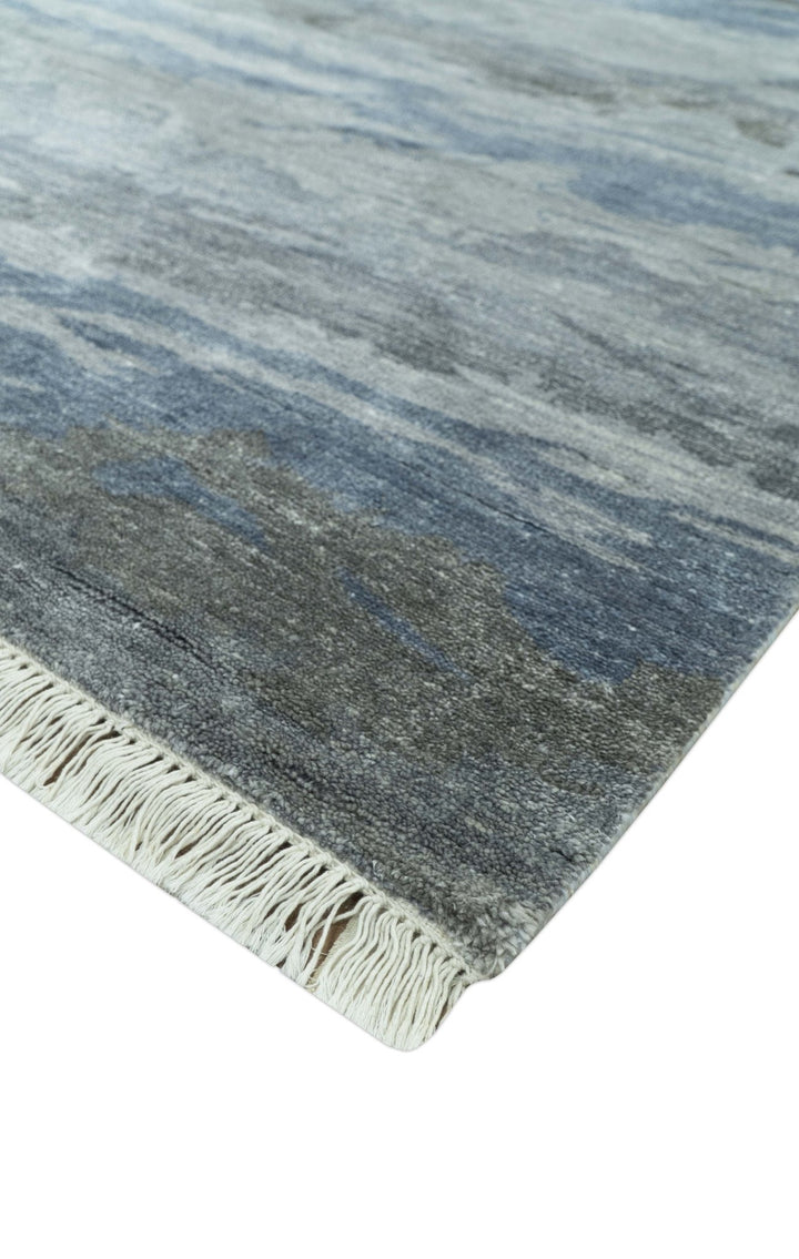 Modern Abstract Pattern Blue And Silver Hand Knotted 4x6 Bamboo Silk Area Rug - The Rug Decor