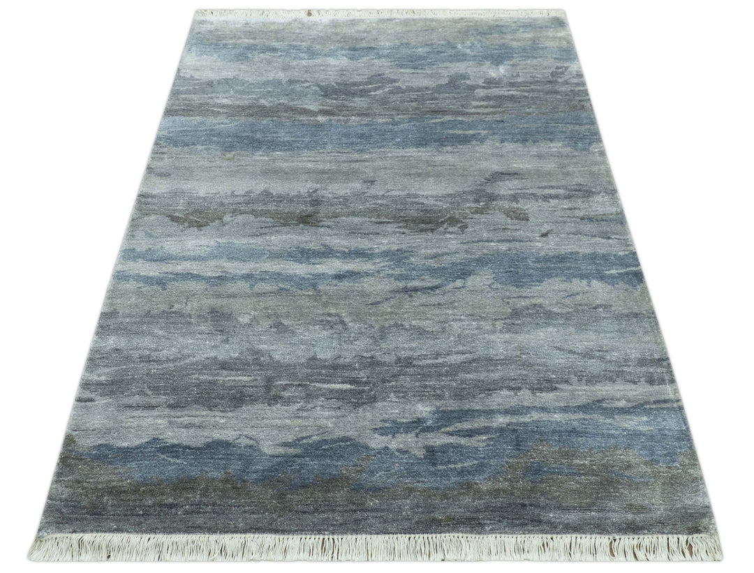 Modern Abstract Pattern Blue And Silver Hand Knotted 4x6 Bamboo Silk Area Rug - The Rug Decor