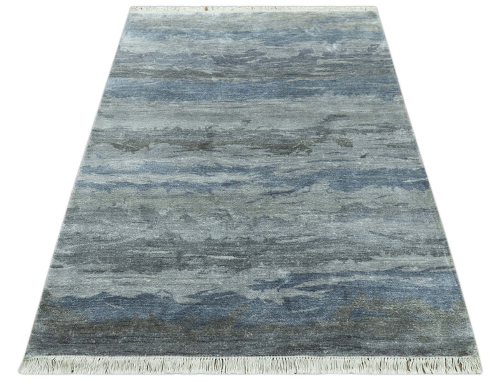 Modern Abstract Pattern Blue And Silver Hand Knotted 4x6 Bamboo Silk Area Rug - The Rug Decor