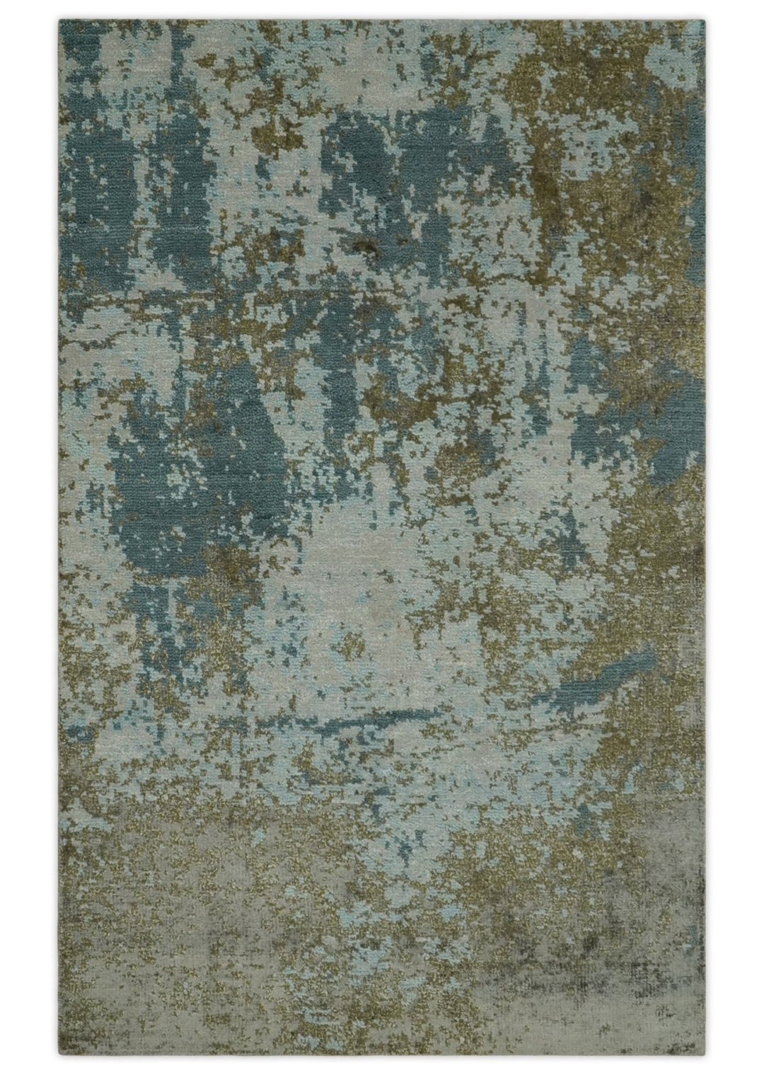 Modern Abstract Silver, Gray, Olive and Tan Hand Knotted 5x8 wool Area Rug - The Rug Decor