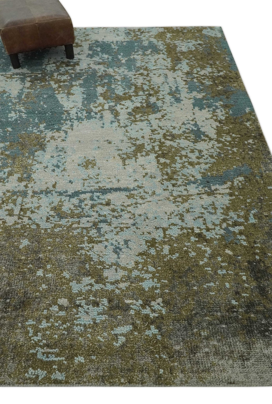 Modern Abstract Silver, Gray, Olive and Tan Hand Knotted 5x8 wool Area Rug - The Rug Decor