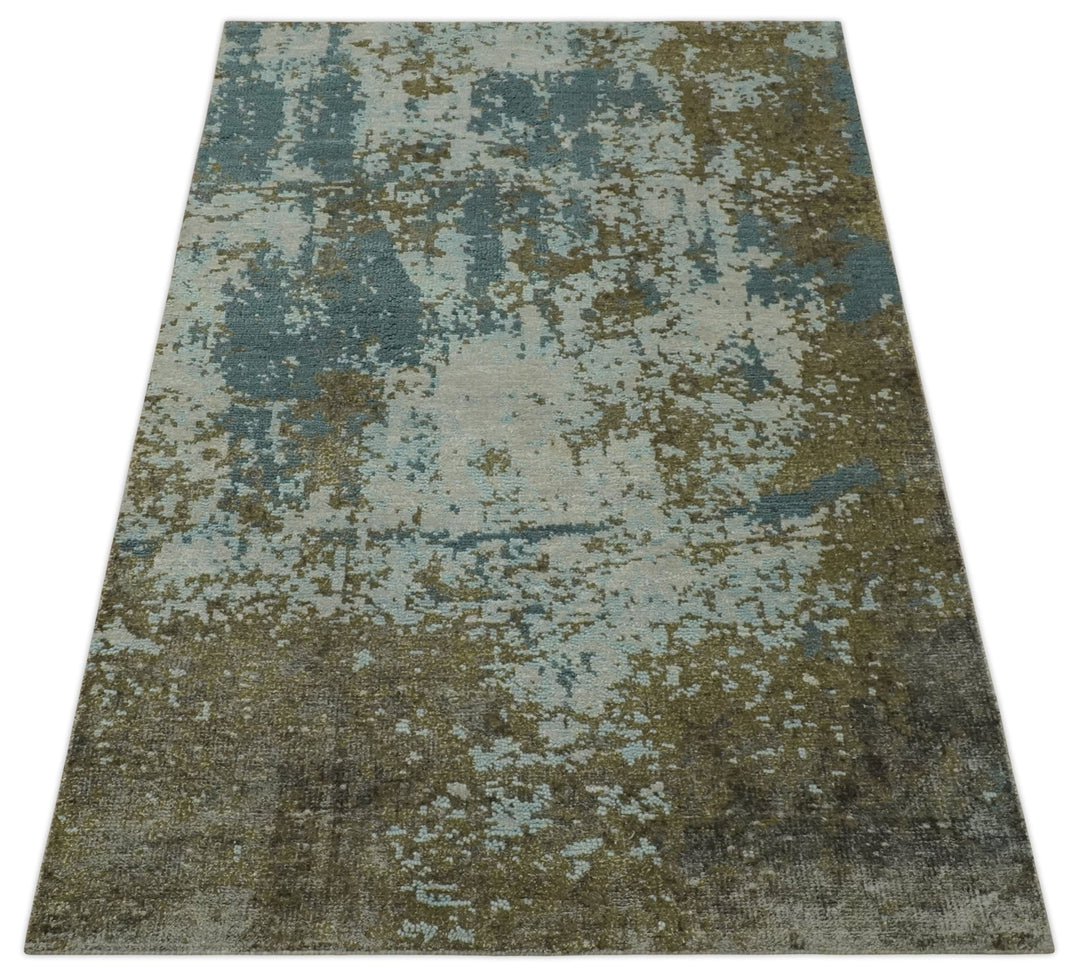Modern Abstract Silver, Gray, Olive and Tan Hand Knotted 5x8 wool Area Rug - The Rug Decor