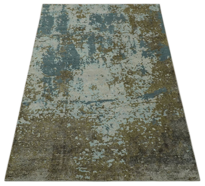 Modern Abstract Silver, Gray, Olive and Tan Hand Knotted 5x8 wool Area Rug - The Rug Decor