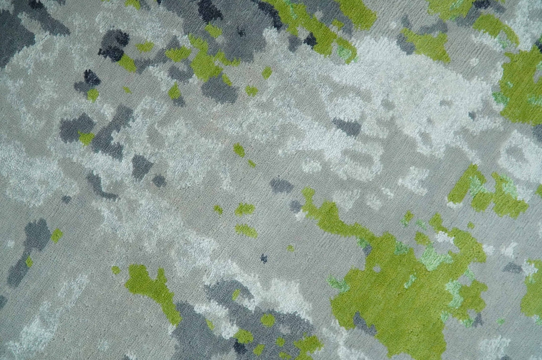 Modern Abstract Silver, Green and Gray Hand Knotted 8x10 Wool and Bamboo Silk Area Rug - The Rug Decor