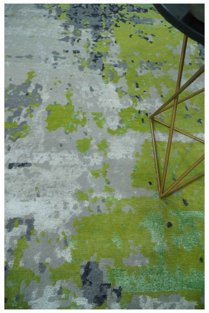 Modern Abstract Silver, Green and Gray Hand Knotted 8x10 Wool and Bamboo Silk Area Rug - The Rug Decor