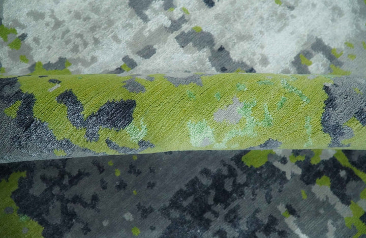Modern Abstract Silver, Green and Gray Hand Knotted 8x10 Wool and Bamboo Silk Area Rug - The Rug Decor